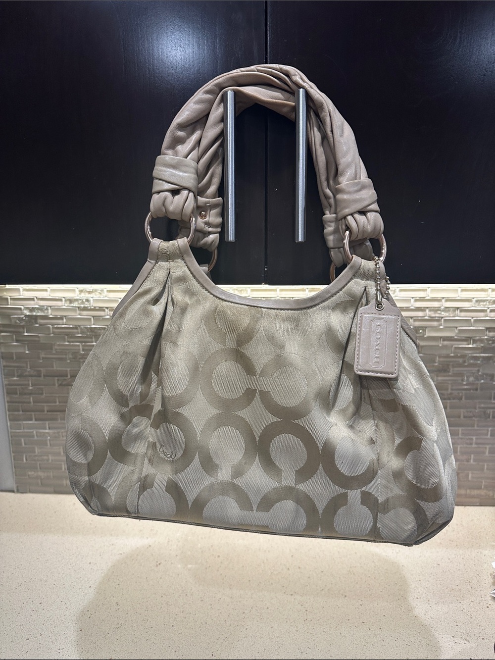 Coach Beige Signature Shoulder Bag with leather Braided Handles used condition